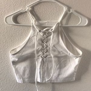 White lace up crop top